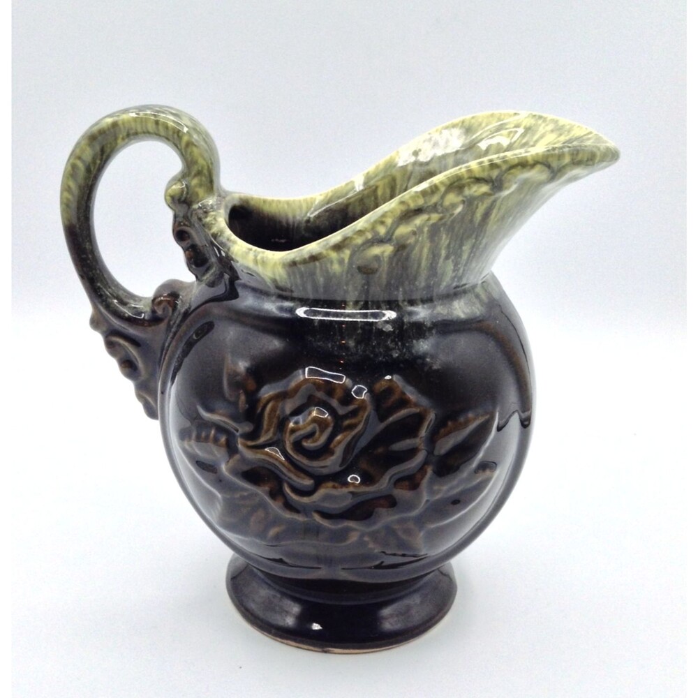 Vtg HULL Pottery Pitcher A50 Embossed Rose Flower Green Drip Glazed Art USA 7"